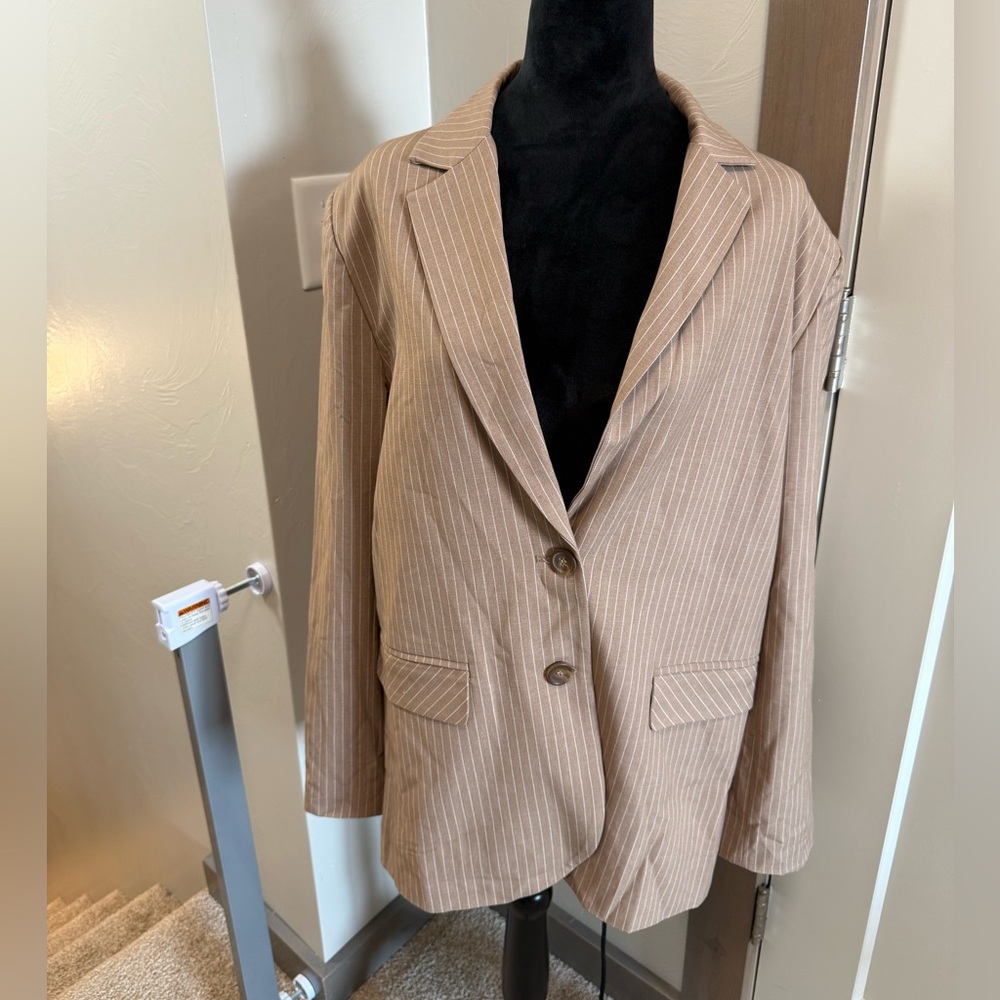 WAYF Double Breasted Brown White Pinstripe Blazer Business Work Career Neutral M